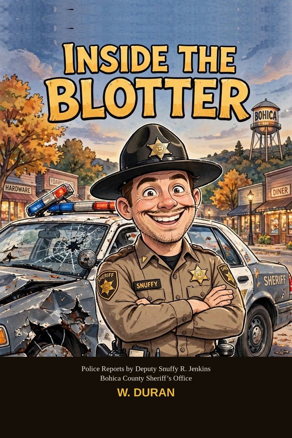Cover of Inside the Blotter — a grinning deputy in front of his damaged patrol car
