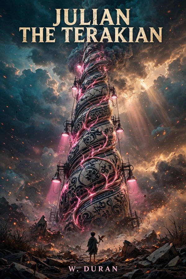 Cover of Julian the Terakian by W. Duran — a lone figure before a towering spire