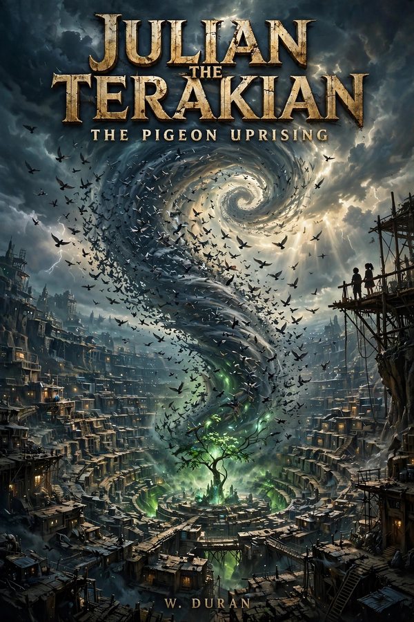 Cover of Julian the Terakian: The Pigeon Uprising by W. Duran — a vast spiral of birds above a city
