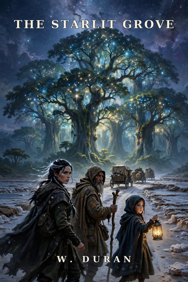 Cover of The Starlit Grove by W. Duran — travelers approaching luminous trees under a night sky